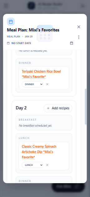 Meal plan screen